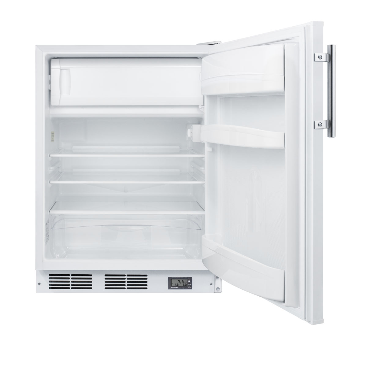 Counter height break room refrigerator-freezer in white with NIST calibrated thermometer and alarm
